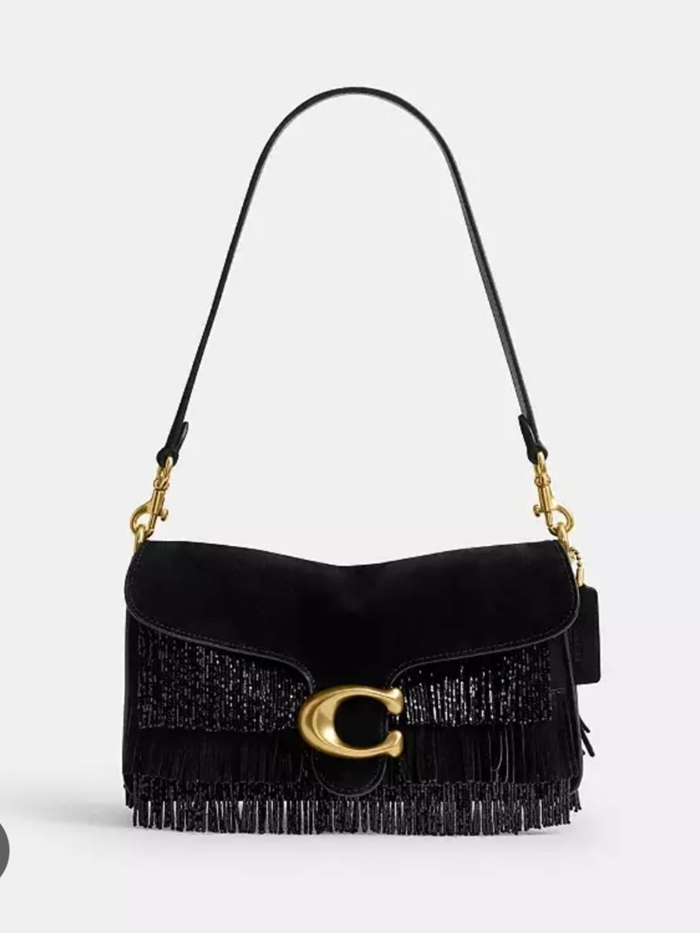 Black Suede Fringe Shoulder Bag with Gold Hardware